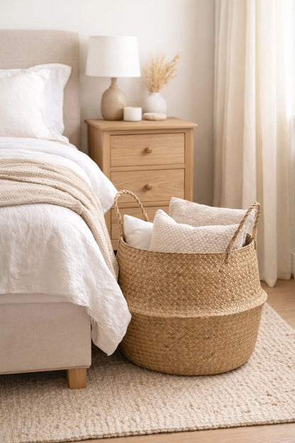 Handwoven Storage Basket with Handles – Natural Woven Blanket Basket