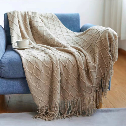 Diamond Knit Decorative Throw Blanket with Tassels