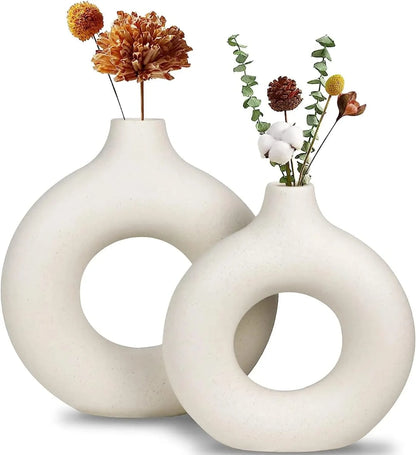 Modern Donut Hollow Ceramic Vase – Minimalist Sculptural Flower Vase