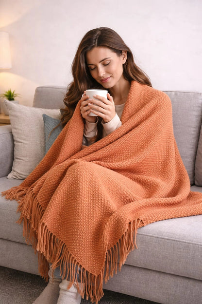 Rust Knit Decorative Throw Blanket with Tassels – Cozy Sofa Throw