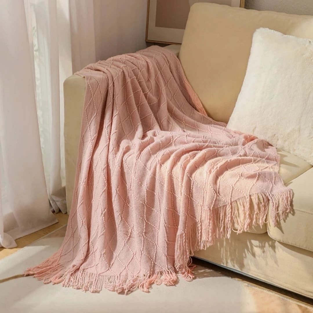 Diamond Knit Decorative Throw Blanket with Tassels
