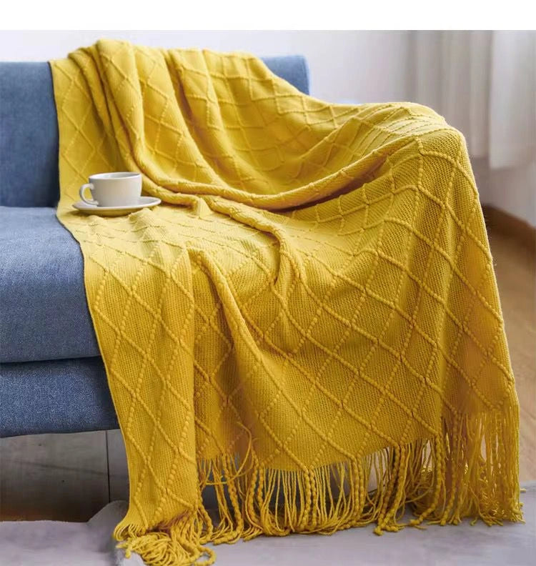Diamond Knit Decorative Throw Blanket with Tassels