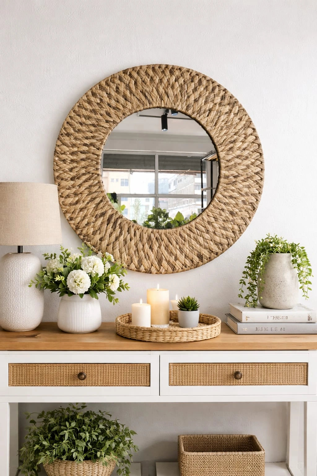 Handmade Water Hyacinth Round Mirror – Boho Natural Wall Decor