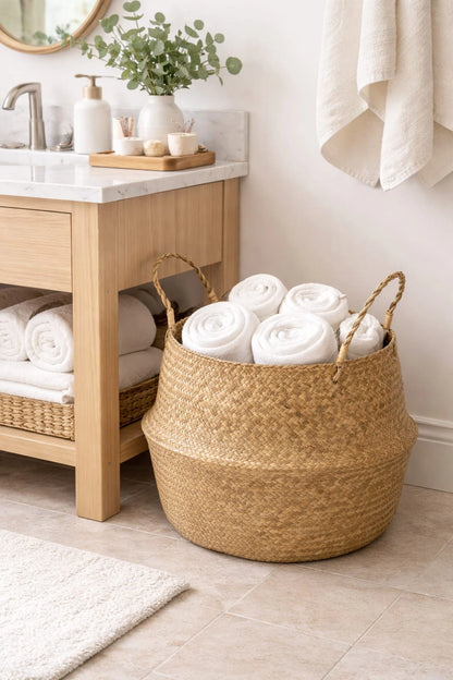 Handwoven Storage Basket with Handles – Natural Woven Blanket Basket