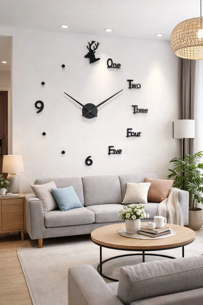 3D Decorative Deer Wall Clock – Modern Large Wall Clock Sticker