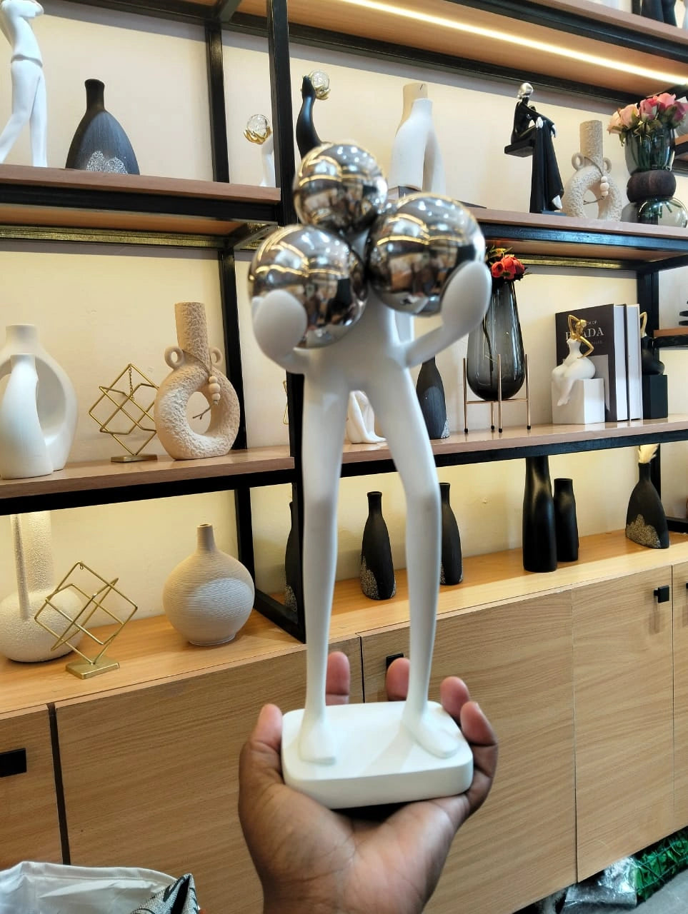 Abstract Human Figure Sculpture with Crystal Spheres – Modern Tabletop Decor