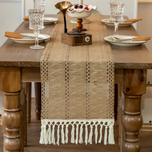 Neutral Woven Table Runner – Grey Geometric Dining Table Decor