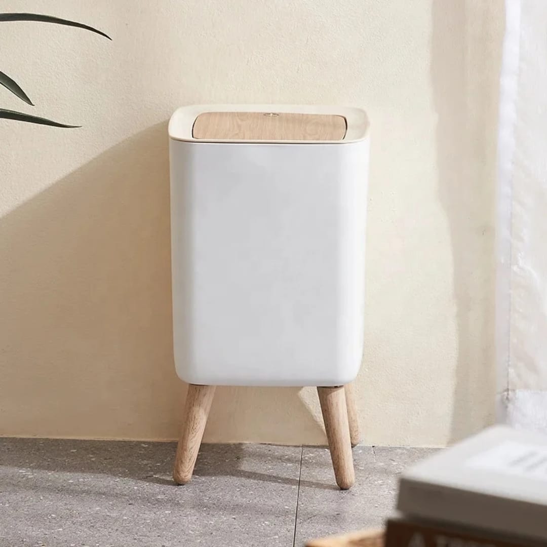 Nordic Style Covered Waste Bin with Wooden Lid & Stand – Home Organizer
