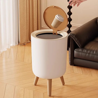 Nordic Round Covered Waste Bin with Wooden Legs – Modern Home Organizer