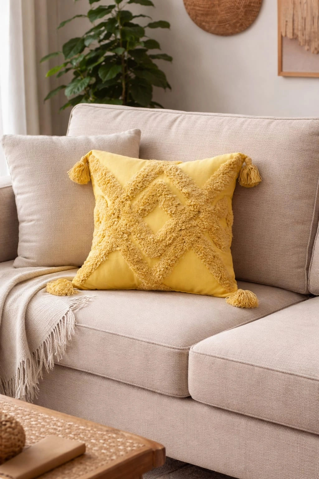 Mustard Tufted Decorative Throw Pillow Cover with Tassels – Modern Accent Cushion