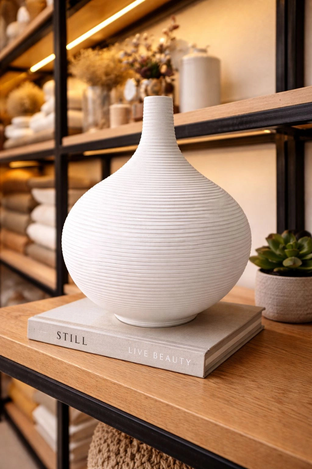 Modern Ribbed Ceramic Bottle Vase – Minimalist Decorative Vase