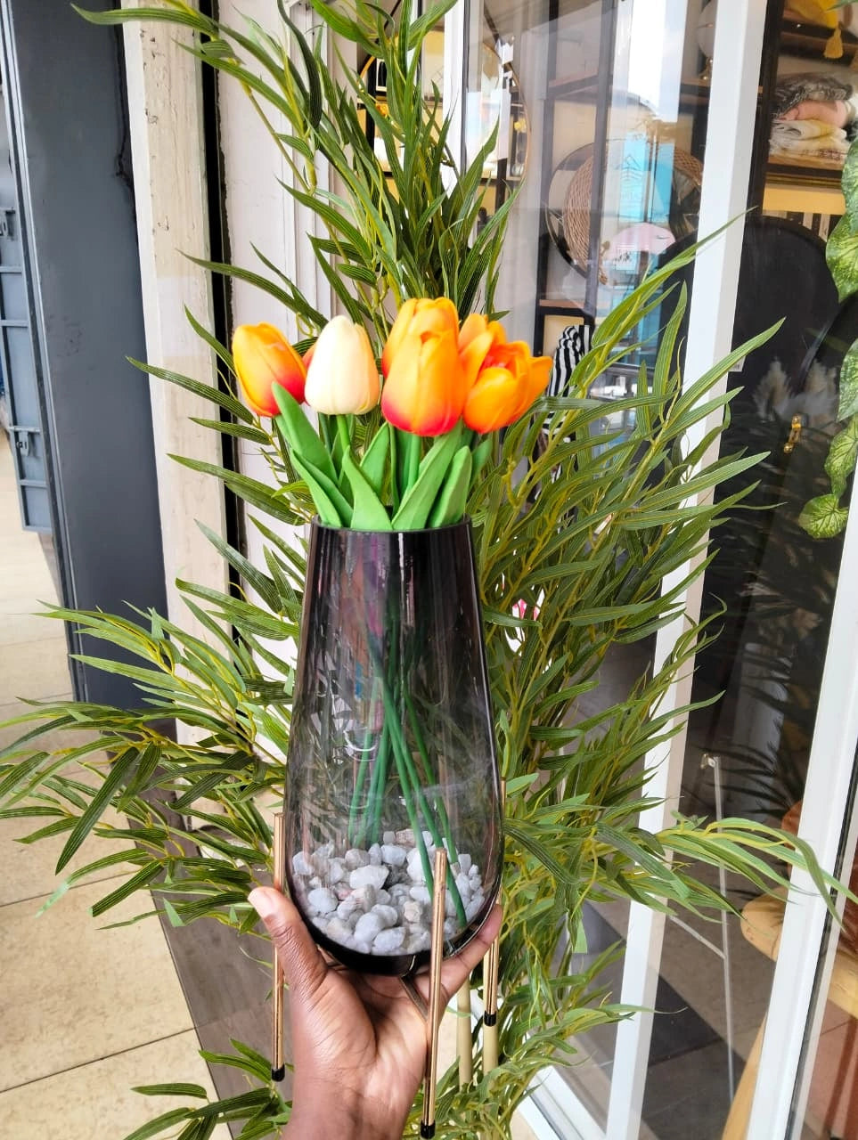 Smoked Glass Vase with Gold Metal Stand – Modern Decorative Flower Vase