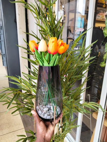 Smoked Glass Vase with Gold Metal Stand – Modern Decorative Flower Vase