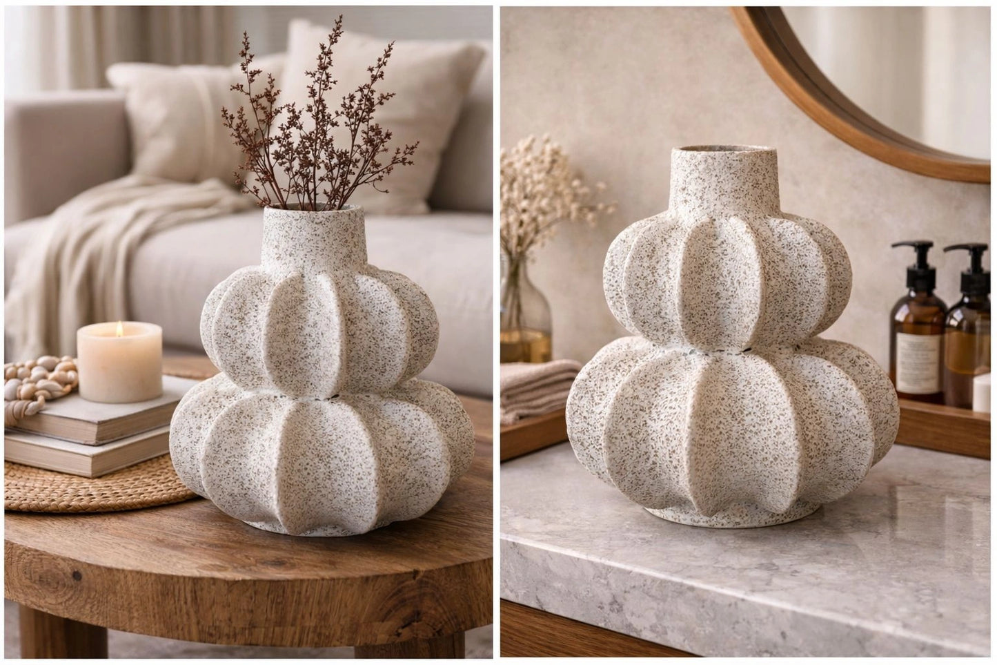 Modern Sculptural Pumpkin Ceramic Vase – Textured Neutral Decorative Vase