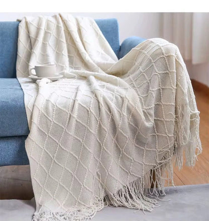 Diamond Knit Decorative Throw Blanket with Tassels