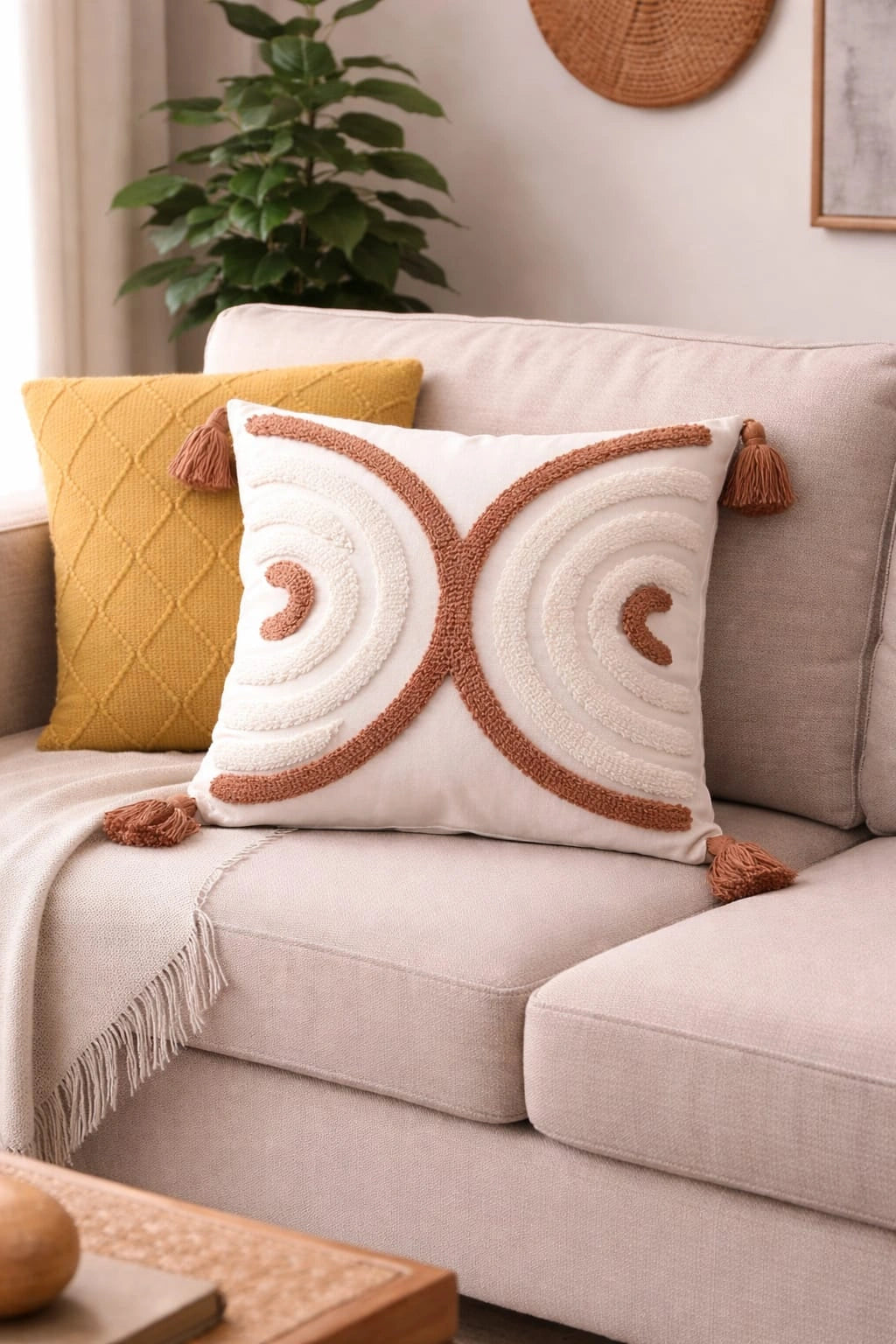 Mustard Tufted Decorative Throw Pillow Cover with Tassels – Modern Accent Cushion
