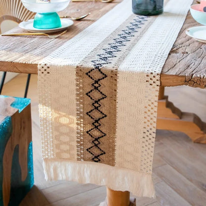 Neutral Woven Table Runner – Grey Geometric Dining Table Decor