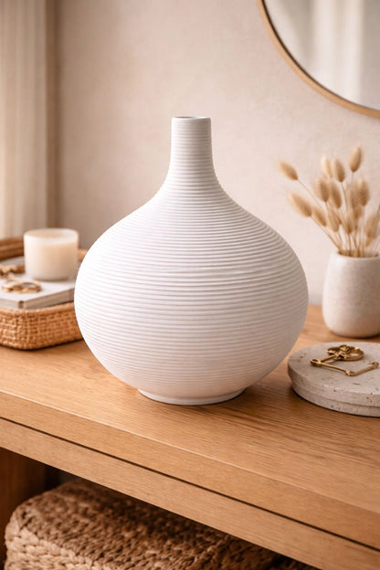 Modern Ribbed Ceramic Bottle Vase – Minimalist Decorative Vase