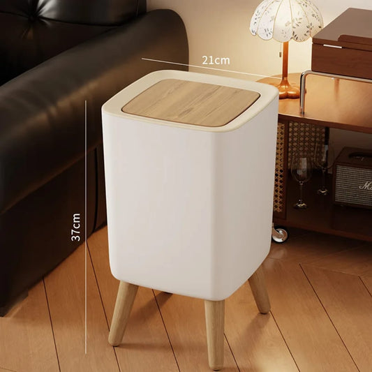 Nordic Style Covered Waste Bin with Wooden Lid & Stand – Home Organizer
