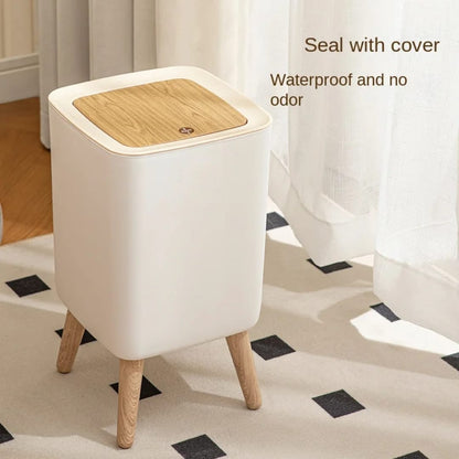 Nordic Style Covered Waste Bin with Wooden Lid & Stand – Home Organizer