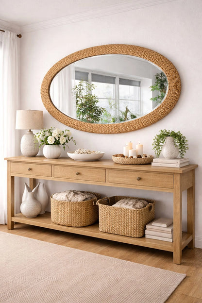 Oval Rattan Wall Mirror – Natural Woven Frame Home Decor