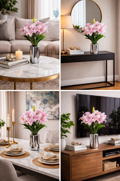 Artificial Lily Flowers in Silver Vase – Elegant Table Decor