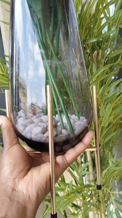 Smoked Glass Vase with Gold Metal Stand – Modern Decorative Flower Vase