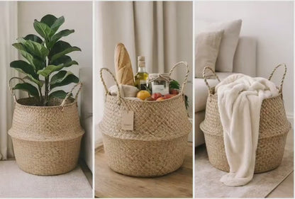 Handwoven Storage Basket with Handles – Natural Woven Blanket Basket