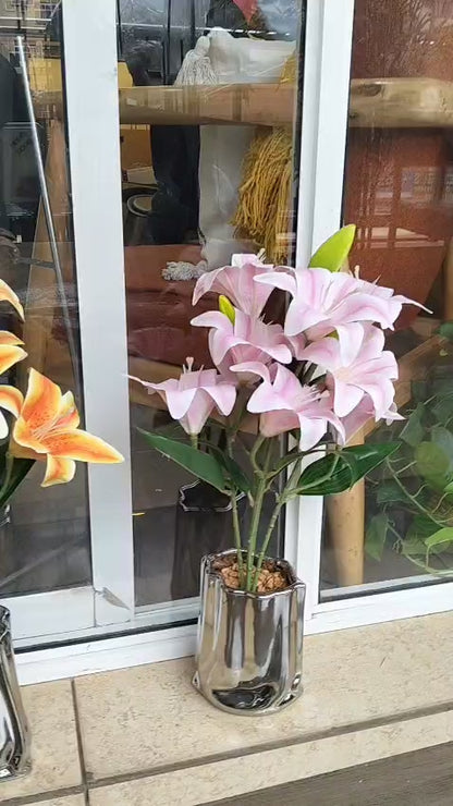 Artificial Lily Flowers in Silver Vase – Elegant Table Decor