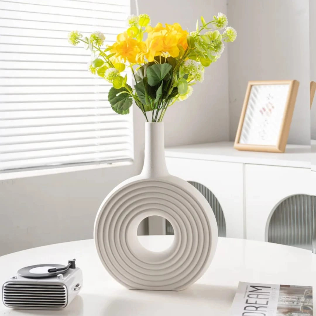 Textured Donut Sculptural Ceramic Vase – Modern Minimalist Flower Vase