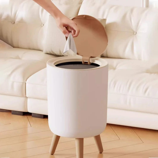 Nordic Round Covered Waste Bin with Wooden Legs – Modern Home Organizer