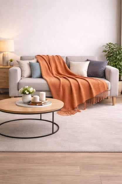 Rust Knit Decorative Throw Blanket with Tassels – Cozy Sofa Throw