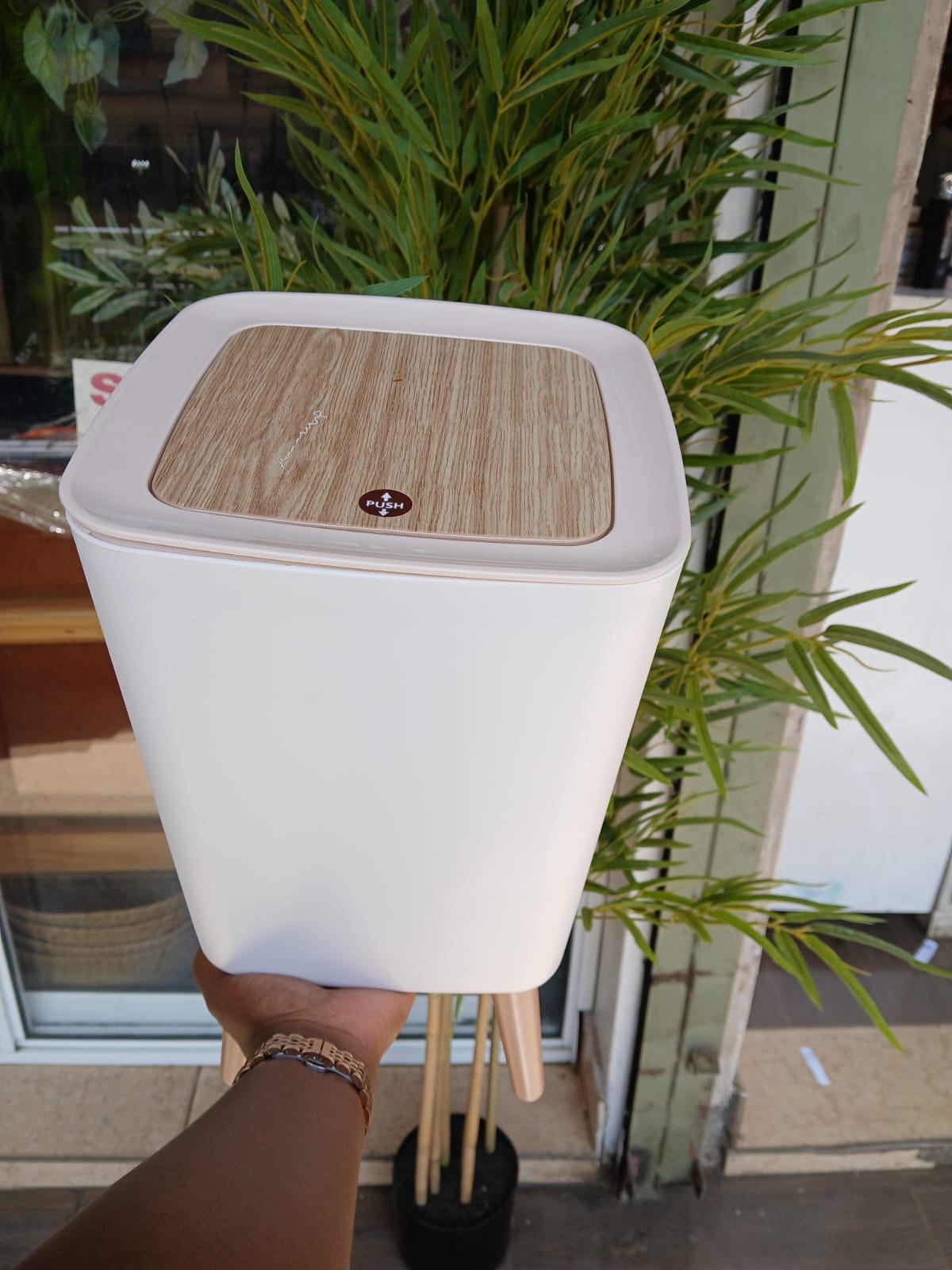 Nordic Style Covered Waste Bin with Wooden Lid & Stand – Home Organizer