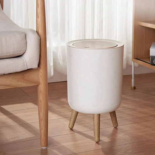 Nordic Round Covered Waste Bin with Wooden Legs – Modern Home Organizer