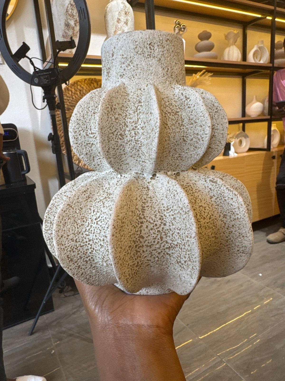 Modern Sculptural Pumpkin Ceramic Vase – Textured Neutral Decorative Vase