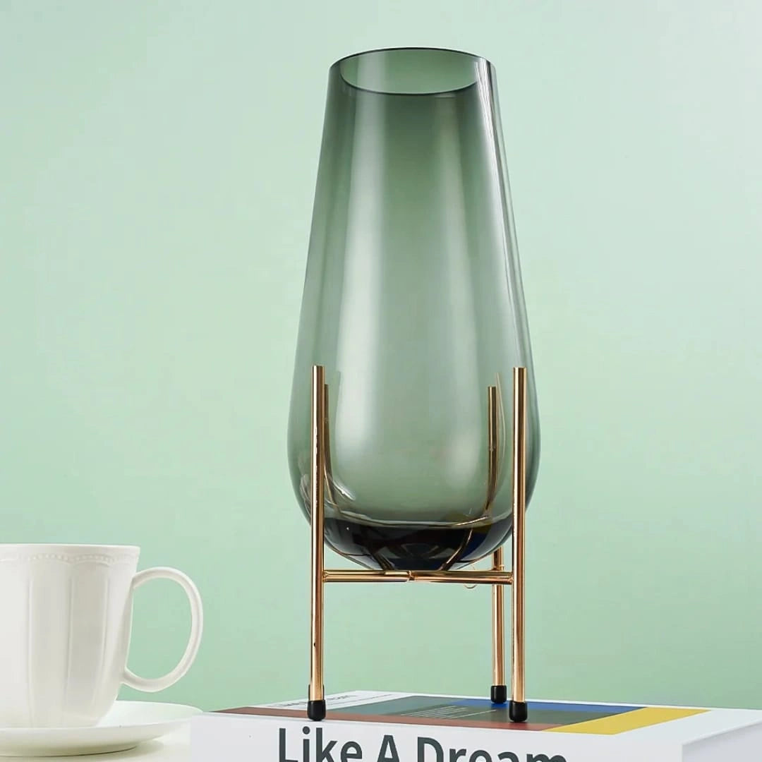Smoked Glass Vase with Gold Metal Stand – Modern Decorative Flower Vase