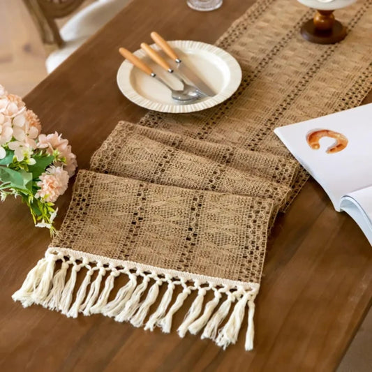 Neutral Woven Table Runner – Grey Geometric Dining Table Decor