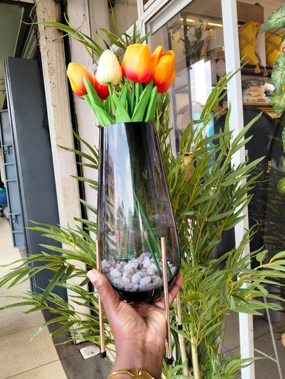 Smoked Glass Vase with Gold Metal Stand – Modern Decorative Flower Vase