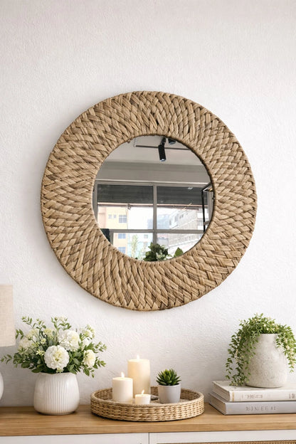 Handmade Water Hyacinth Round Mirror – Boho Natural Wall Decor