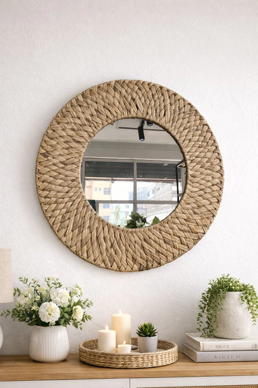 Handmade Water Hyacinth Round Mirror – Boho Natural Wall Decor