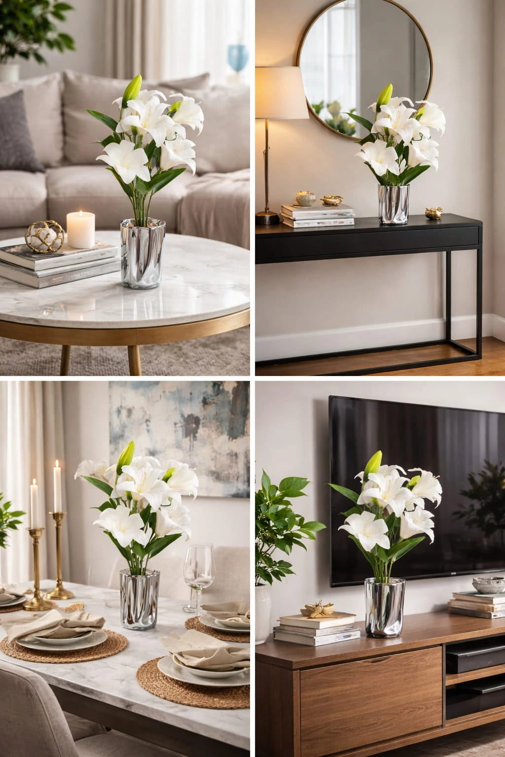 Artificial Lily Flowers in Silver Vase – Elegant Table Decor