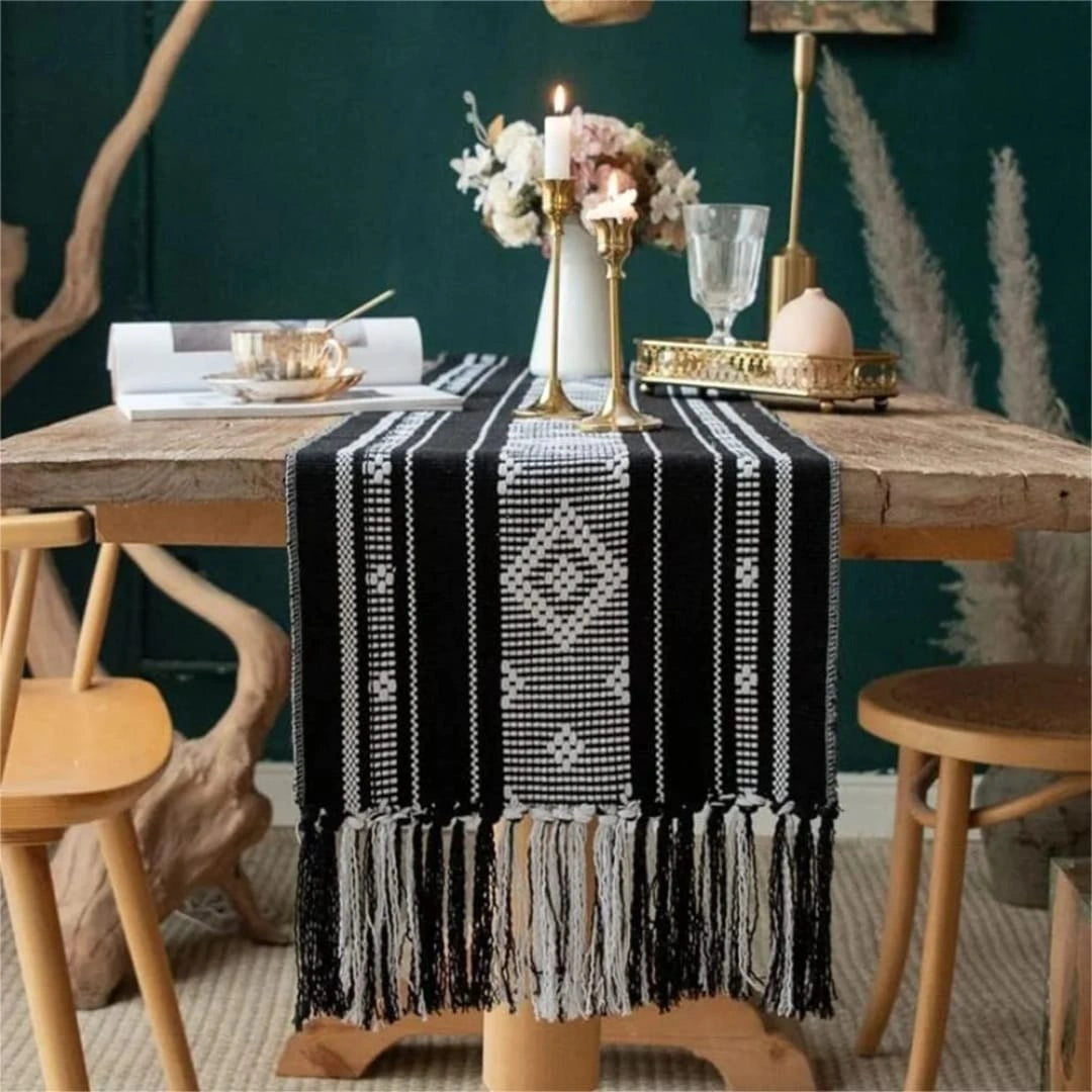 Boho Tassel Table Runner – Red Pattern Dining Table Decor
