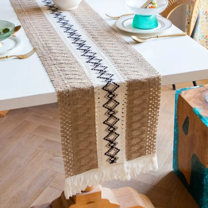 Neutral Woven Table Runner – Grey Geometric Dining Table Decor