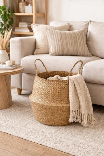 Handwoven Storage Basket with Handles – Natural Woven Blanket Basket